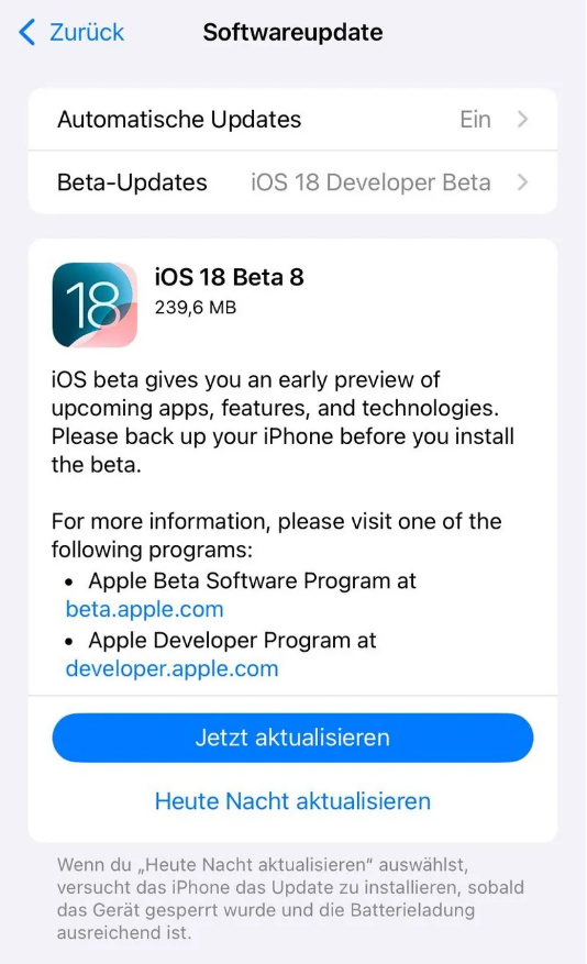 天桥苹果手机维修分享苹果 iOS / iPadOS 18 开发者预览版 Beta 8 发布 